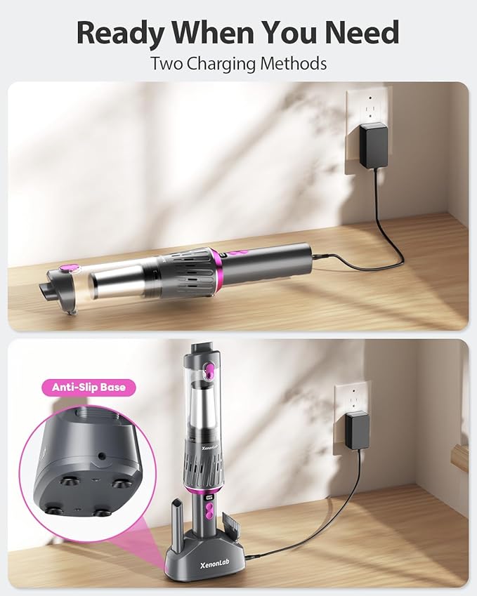 Handheld Vacuum Cordless 25000Pa Car Vacuum 3-in-1 Handheld Vacuum, Includes Smart Display and Charging Base Hand Vac Cordless Rechargeable One-Touch Empty for Home/Pet/Car (Purple)