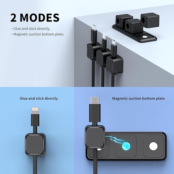 Magnetic Cable Organizer for Desk โ Upgraded Wire Clips with Adhesive Base โ Desktop Cord Holder for USB, Charging Cables โ 6 Clips + 1 Magnetic Base (Black)