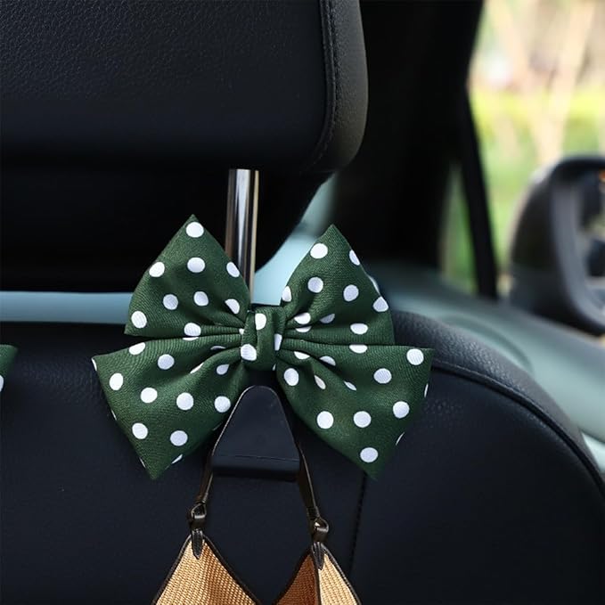 Mandark 2-Piece Car Seat Hooks - Cute Bow Vehicle Hooks for Purses and Bags - Universal Automotive Hanger for SUV, Sedan, Truck (Green/Polka Dot)