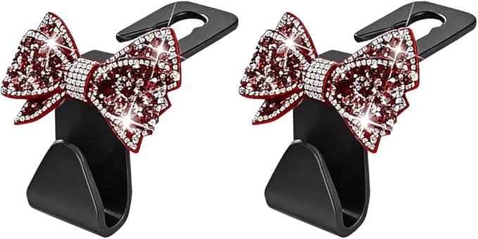 Zpana Bling Car Headreat Hook, 2PCS Crystal Rhinestone Cute Bow Vehicle Seat Back Hanger Storage for Purses Bags Grocery, Diamond Auto Rear Seat Organizer, Universal for SUV Truck Sedan (Red)