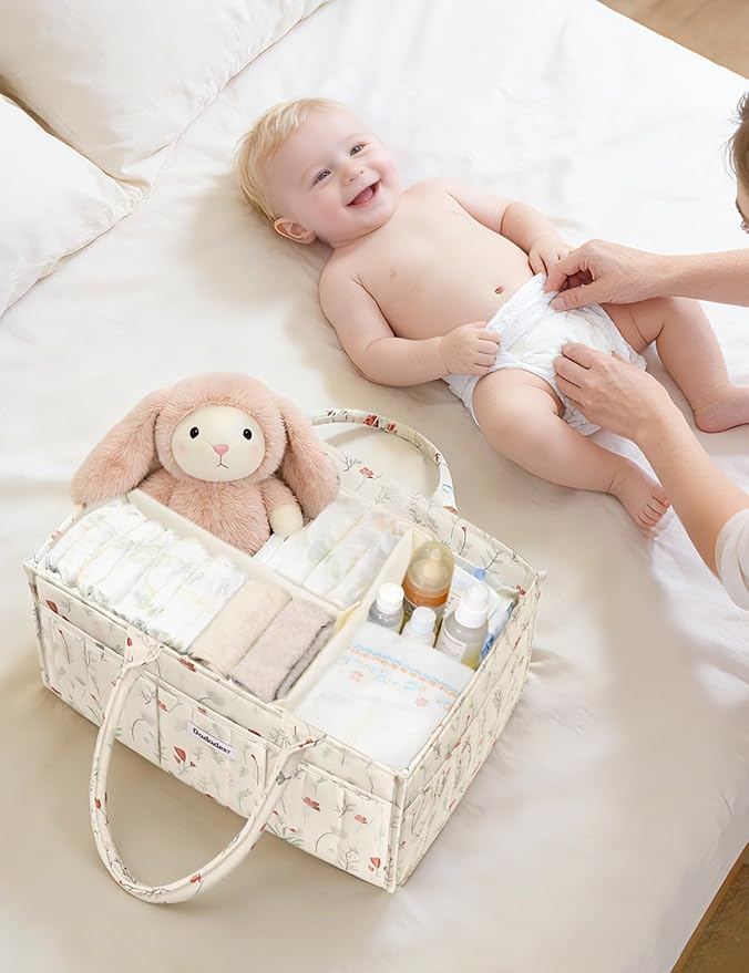 Baby Diaper Caddy Organizer, Portable Nursery Storage Basket for Newborn Essentials, Changing Table & Car Caddy Organizer, Gift for Baby Shower, Registry Must-Have for Boy Girl, Floral Beige