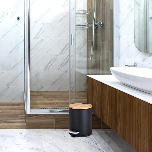 Mini Trash Can with Bamboo Lid Soft Close and Foot Pedal, 0.8Gal / 3L Tiny Round Trash Can with Removable Plastic Inner Wastebasket for Bathroom, Bedroom, Powder Room, Office, Desk, Car, Black
