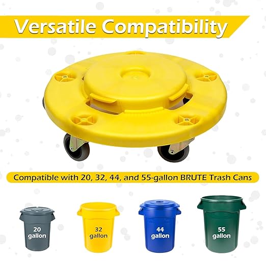 MaxWorks 51192 Round Trash Can High Visibility Yellow Dolly with 5 Swivel Casters 18 inch Dolly for 20 32 44 55 Gallon Containers Twist ON & Off Great for Shops Garages Car Detailing