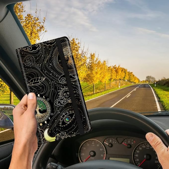 Car Registration and Insurance Card Holder, Vehicle License Documents Glove Box Compartment Organizer Wallet, ID Card Holder for Car Essentials Automobile, Tree of Life Sun Moon