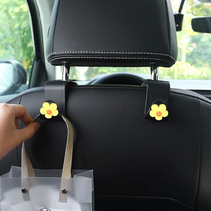 4 PCS Car Headrest Hook, Multifunctional Flower Vehicle Seat Back Storage Hook, Cute Automotive Seatback Organizer Hanger for Purse Grocery Bag Handbag, Universal Fit (Black/Yellow)