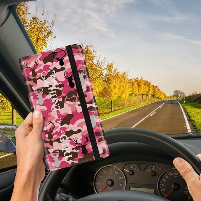 Car Registration and Insurance Card Holder, Vehicle License Documents Glove Box Compartment Organizer Wallet, ID Card Holder for Car Essentials Automobile, Pink Camo Camouflage