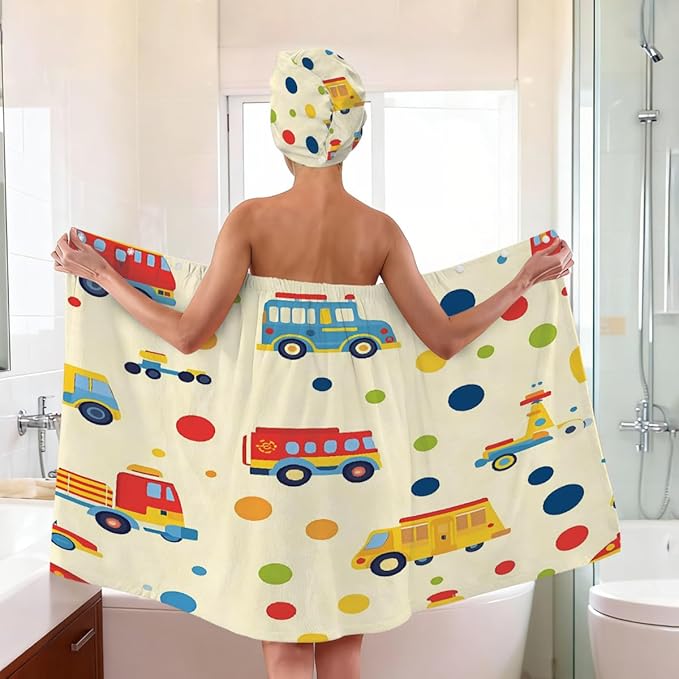 Women Bath Wrap Hair Towel Drying Cap Set Cartoon Colorful Trucks Cars Soft Absorbent Bathrobe Shower Wraps with Adjustable Closure Spa Bath Robe