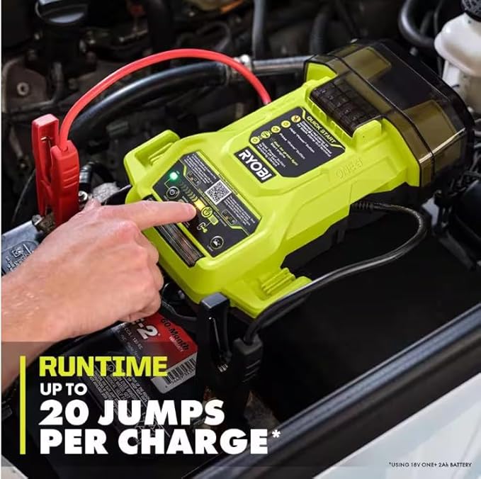 RYOBI ONE+ 18V Cordless 1600A Jump Starter with LED Work Light Kit with 2.0 Ah Battery and Charger