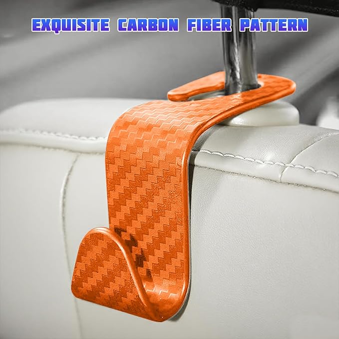 Car Seat Headrest Hooks, 4PCS Carbon Fiber Vehicle Back Seat Storage Hanger Holder for Hangbag Coat Grocery, Automotive Interior Headrest Hook Organizer, Universal for Vehicles (Orange)