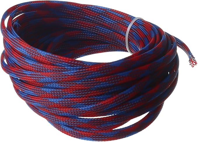 Aicosineg 32.81ft PET Flexible Braided Cable Sleeve 0.25inch Width Wire Loom Sleeving and Organizer Flexible Wire Mesh Sleeve Wrap Protector for TV Audio PC Cords from Pets Chewing Blue and Red