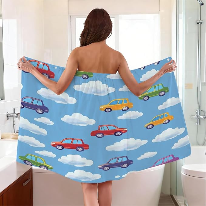Women's Bath Wrap Colored Cars Clauds Absorbent Shower Spa Body Bath Robe Wraps Bathrobe Towel with Adjustable Closure