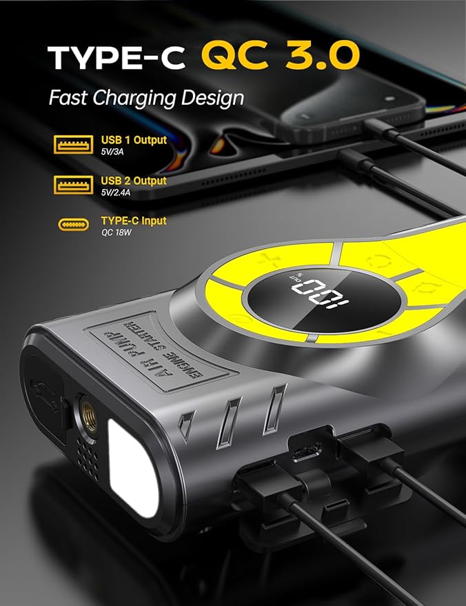 Car Jump Starter with Air Compressor,7000A Jump Starter Battery Pack (All Gas/12.0L Diesel) 12V 160PSI Auto Battery Booster,Jumper Cables with LED,Portable Lithium Jump Box with QC3.0