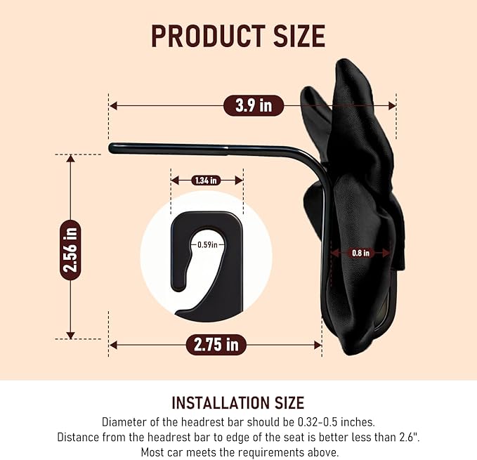 Bow Car Hooks for Purses and Bags, 2 Pack Cute Car Purse Hook, Universal Car Seat Headrest Hooks Bag Holder, Bow Car Accessories, Automotive Purse Hook Hanger Interior Decoration Accessories (Black)