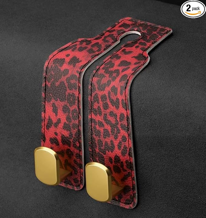 Car Seat Hooks for Headrest,Purse Hook & Back Storage Hook, Zinc Alloy & Suede Material Heavy Duty Car Hooks for Purses and Bags,Universal Fit for Most Vehicles (Red Leopard)