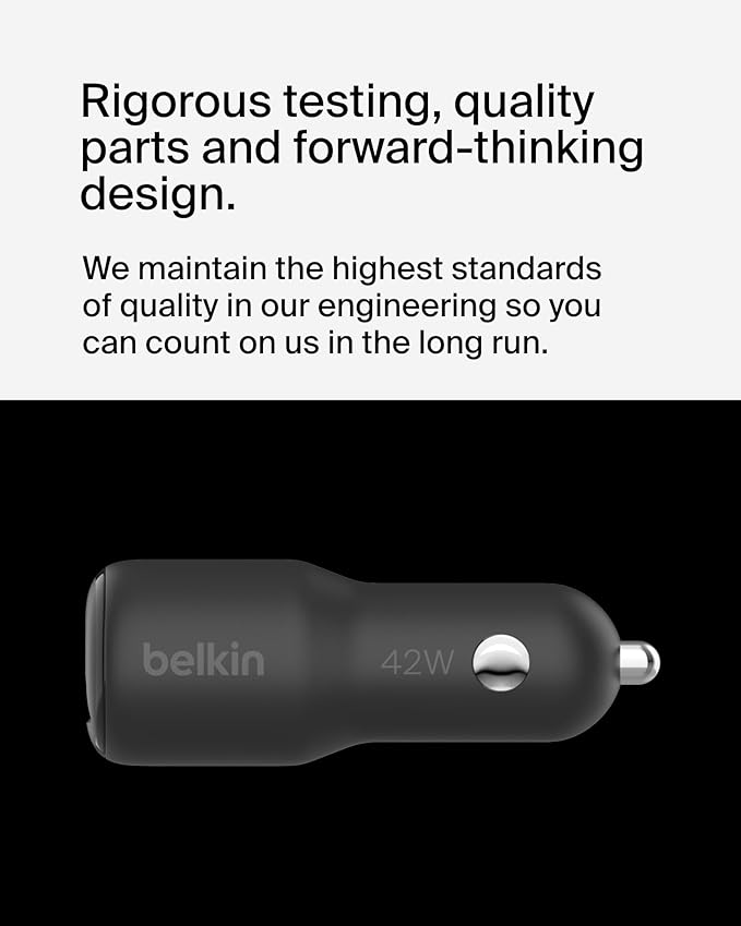Belkin BoostCharge 42-Watt Dual Port Fast Car Charger w/30W USB-C & 12W USB-A Ports, USB-C to C Cable Included for iPhone 16, 16 Pro, Galaxy S25, S24, Pixel 9 & 8, Nintendo Switch 2 & More - Black