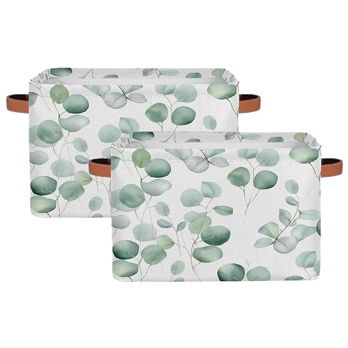Eucalyptus Leaves Storage Baskets for Organizing, Fabric Collapsible Storage Bins Box Sage Green Decorative Toy Organizer Baskets for Closet Shelves Gift Basket 2Pcs