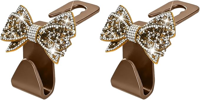 Zpana Bling Car Headreat Hook, 2PCS Crystal Rhinestone Cute Bow Vehicle Seat Back Hanger Storage for Purses Bags Grocery, Diamond Auto Rear Seat Organizer, Universal for SUV Truck Sedan (Gold)