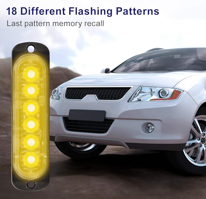 4-Pack 6 LED Amber Strobe Lights Vehicles Trucks Emergency Strobe Lights Kit 12V -24V Warning Hazard Flash Strobe Lights Bar Grill Grille Surface Mount Super Bright Waterproof