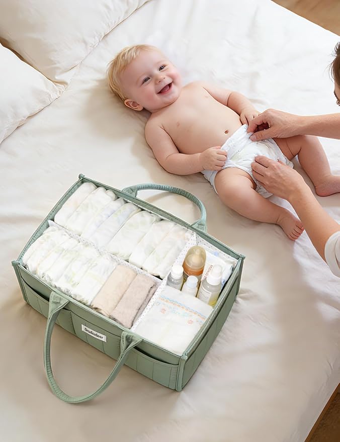 Baby Diaper Caddy Organizer, Portable Nursery Storage Basket for Newborn Essentials, Changing Table & Car Caddy Organizer, Gift for Baby Shower, Registry Must-Have for Boy Girl, Green