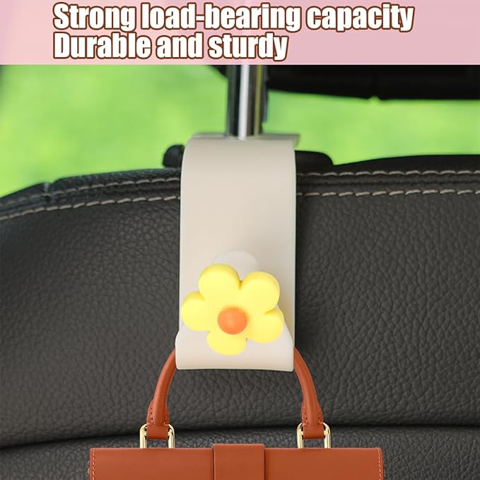 4 PCS Car Headrest Hook, Multifunctional Flower Vehicle Seat Back Storage Hook, Cute Automotive Seatback Organizer Hanger for Purse Grocery Bag Handbag, Universal Fit (Beige/Yellow)