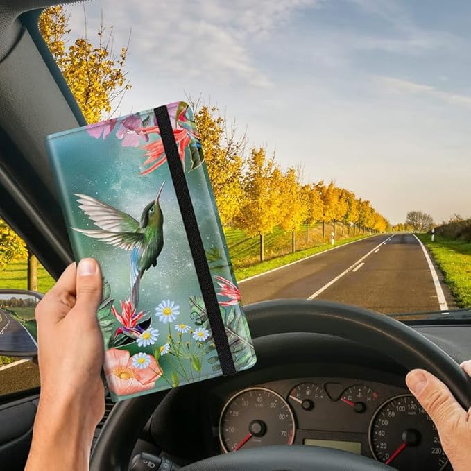 Car Registration and Insurance Card Holder, Vehicle License Documents Glove Box Compartment Organizer Wallet, ID Card Holder for Car Essentials Automobile, Hummingbird Pink Flowers
