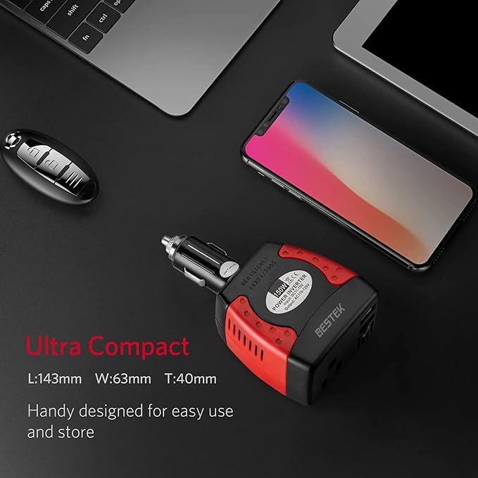 BESTEK 150W Power Inverter 12V to 110V Voltage Converter Car Charger Power Adapter with 3.1A Dual USB Charging Ports
