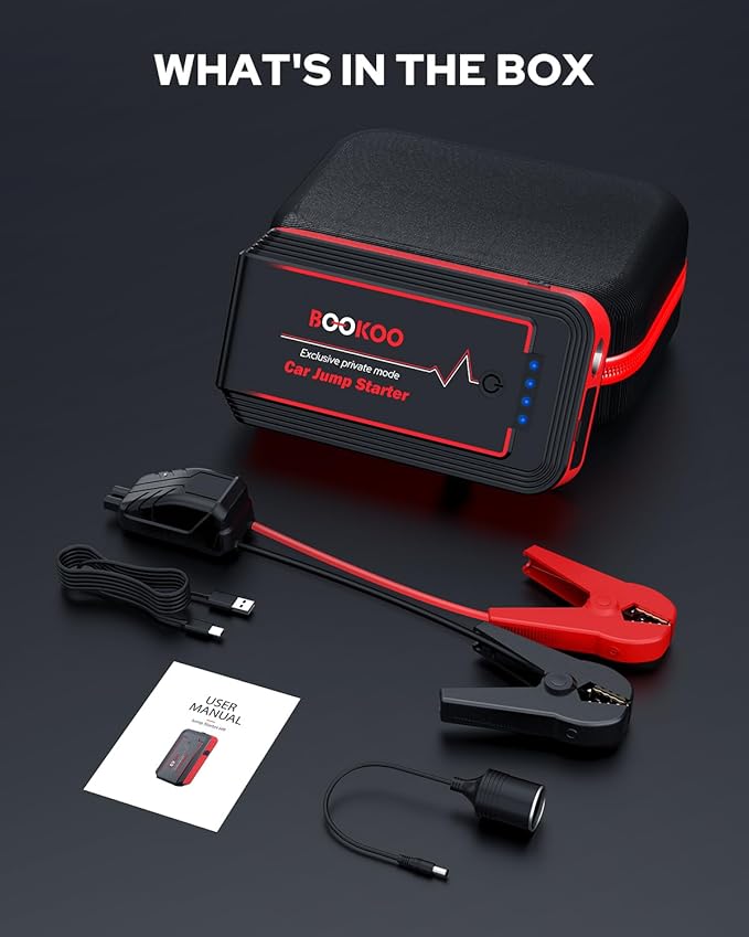BOOKOO Car Battery Jump Starter,4500A Portable Car Jumper Starter for upto 10L Gas and 8L Diesel Engines,12V Jump Box with Jumper Cables,USB QC3.0,128W DC Port,LED Light for Car Trip and Emergency Use