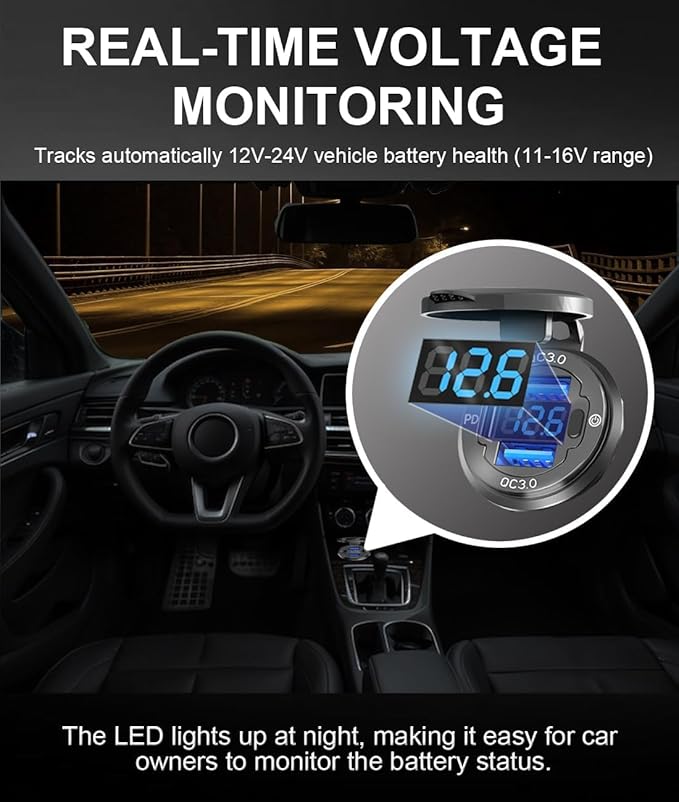 2PCS 78W 3Ports 12V USB Outlet with Voltmeter & Switch - PD3.0 & Dual QC3.0 Quick Charge Car Charger Socket, Aluminum Waterproof USB C Port for Boat Marine Motorcycle RV Truck ATV Golf Cart