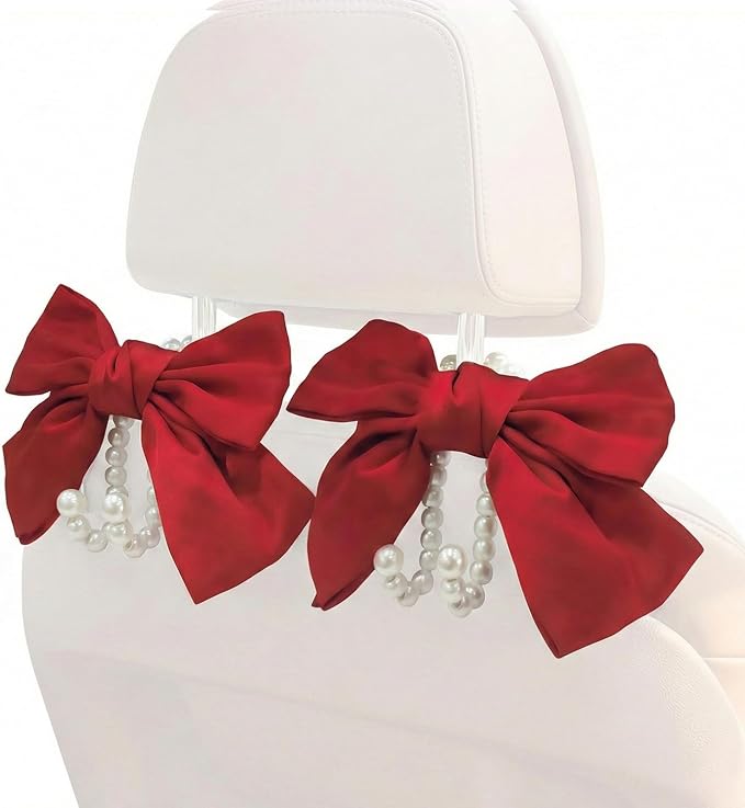 2PCS Satin Bow Pearl Car Seat Headrest Hooks β Car Bag Holder & Vehicle Hanger for Purses β Cute Coquette Aesthetic Interior Decoration β Cute Auto Organizer Accessories Universal (Red)