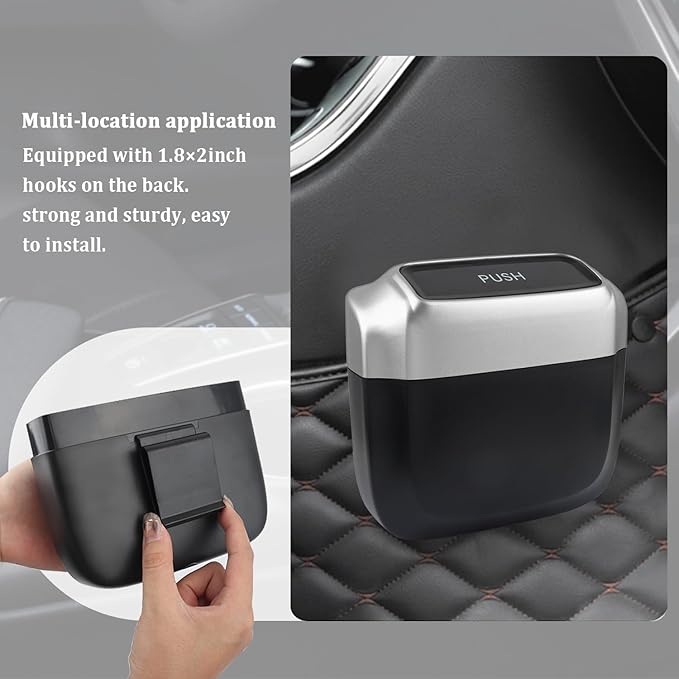 IHOTDER 2PCS Car Trash Can with Lid + 60PCS Garbage Bag,Mini Trash Can Car Interior Accessories with Capacity 700ml,Multifunctional CCar Organizers and Storage(Silver)
