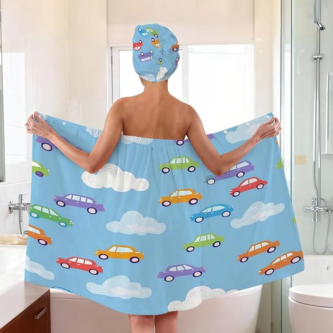 Women Bath Wrap Hair Towel Drying Cap Set Cute Cartoon Cars Clauds Soft Absorbent Bathrobe Shower Wraps with Adjustable Closure Spa Bath Robe
