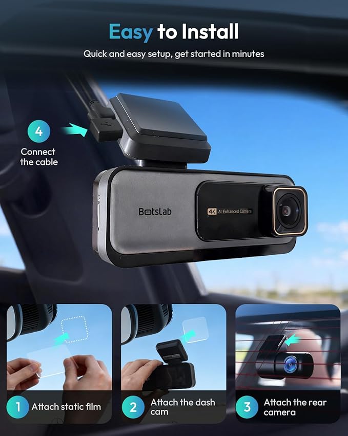 BOTSLAB 4K Dual Dash Cam Front and Rear, IMX415 STARVIS Sensor, True 4K+2K Dash Camera with 170°Wide Angle, Night Vision, 24H Parking Mode, Built-in 5.8GHz WiFi & GPS (No SD Card)