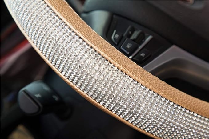 New Diamond Leather Steering Wheel Cover with Bling Bling Crystal Rhinestones, Universal Fit 15 Inch Car Wheel Protector for Women Girls,Gold
