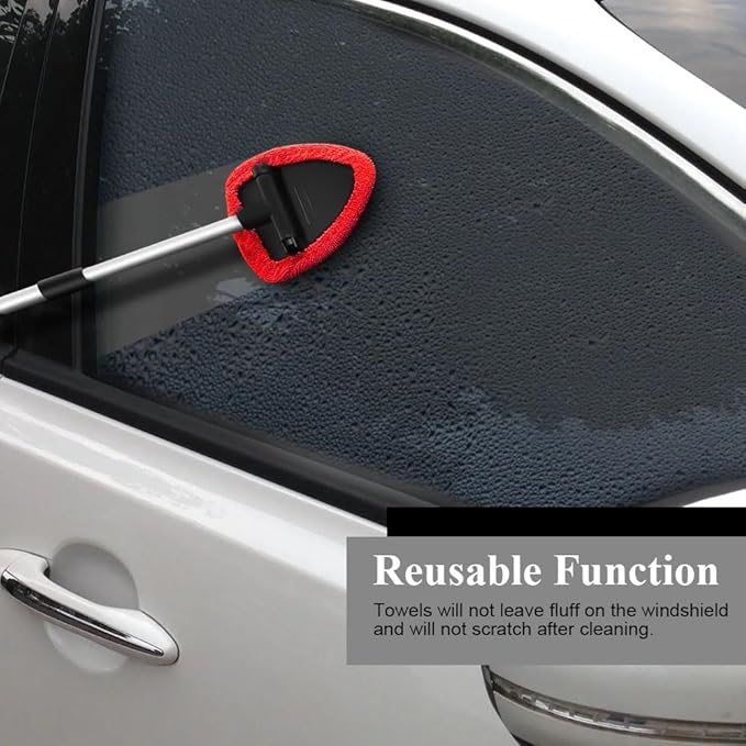 Windshield Cleaning Tool, Car Window Cleaner, Windshield Cleaner with 4 Washable Reusable Microfiber Pads and Extendable Handle, Auto Glass Wiper Cleaning Kit Universal for Car (Red)