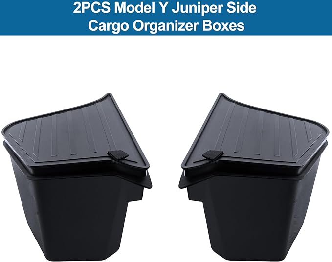 for Model Y Juniper Trunk Storage Bins with Lids 2PCS Trunk Rear Side Cargo Organizer Boxes Custom Fit Model Y Juniper Interior Accessories 2025 2026 Black TPE Waterproof