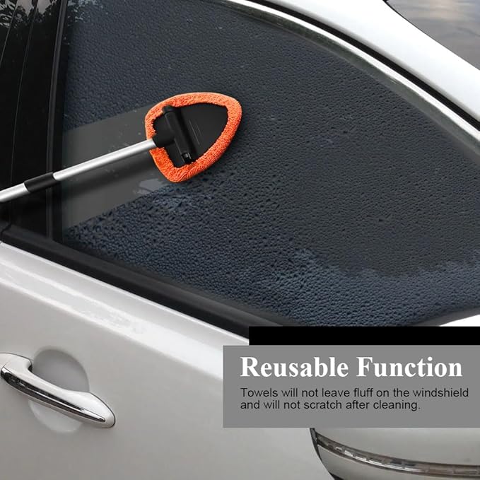 Windshield Cleaning Tool, Car Window Cleaner, Windshield Cleaner with 4 Washable Reusable Microfiber Pads and Extendable Handle, Auto Glass Wiper Cleaning Kit Universal for Car (Orange)