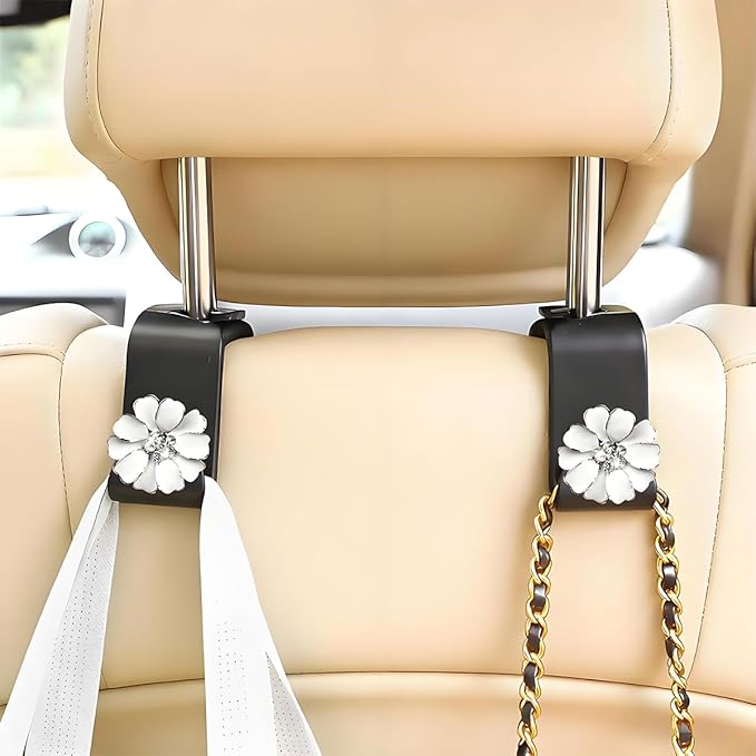 4PCS Bling Car Seat Headrest Hooks, Crystal Rhinestone Flower Vehicle Back Seat Hanger Holder Hook, Automotive Interior Hanging Storage Accessories for Purse Coats Bag, Universal Fit (White)