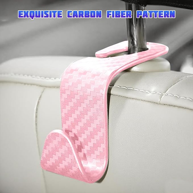 Car Seat Headrest Hooks, 4PCS Carbon Fiber Vehicle Back Seat Storage Hanger Holder for Hangbag Coat Grocery, Automotive Interior Headrest Hook Organizer, Universal for Vehicles (Pink)
