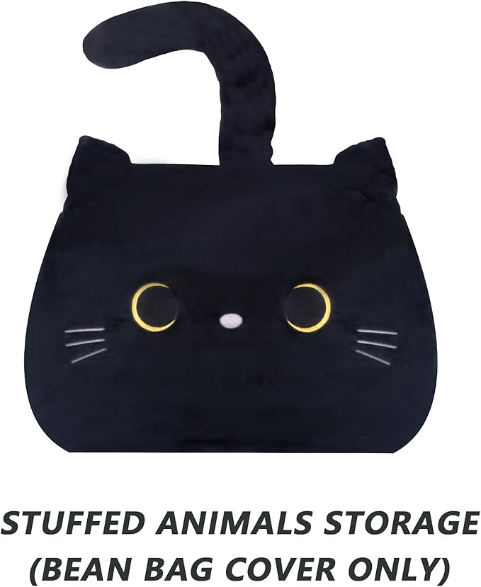 Stuffed Animal Storage Bean Bag Chair Cover for Kids Black Cat Beanbag Chair for Girls Large Size Toy Organizer Cover Only Without Filling