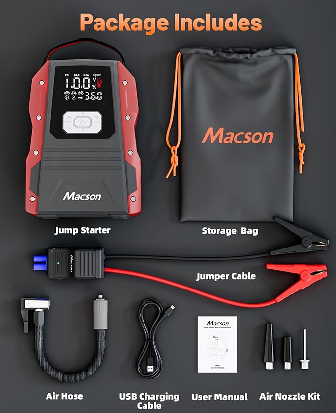 5000A Jump Starter with Air Compressor - Portable 12V Jump Box Battery Pack for 9.0L Gas/8.0L Diesel Engines, Car Jumper Starter Portable with 150PSI Tire Inflator, LED Screen, Fold-Up LED Flashlight