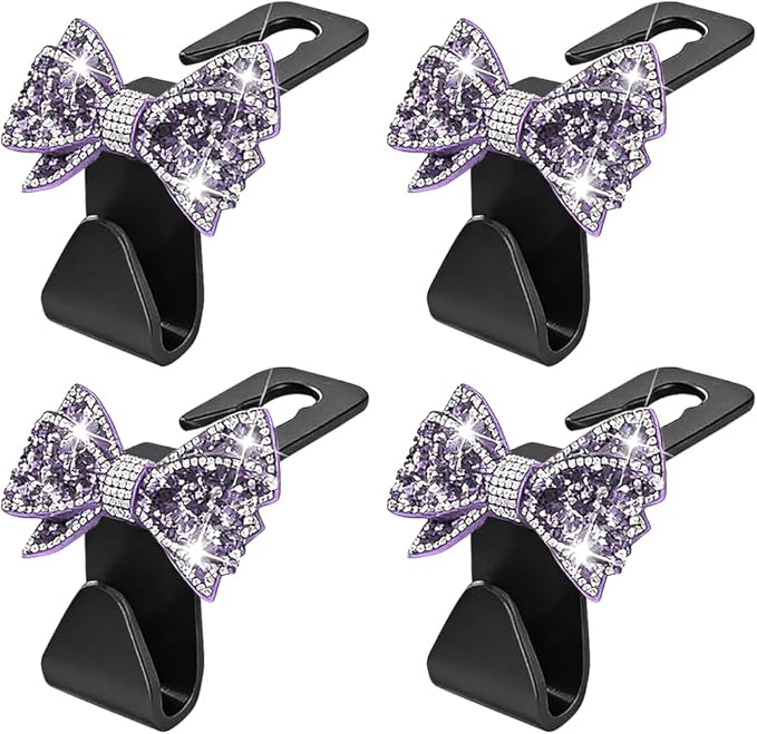 Zpana Bling Car Headreat Hook, 2PCS Crystal Rhinestone Cute Bow Vehicle Seat Back Hanger Storage for Purses Bags Grocery, Diamond Auto Rear Seat Organizer, Universal for SUV Truck Sedan (Purple)