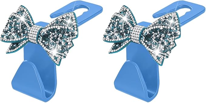 Zpana Bling Car Headreat Hook, 2PCS Crystal Rhinestone Cute Bow Vehicle Seat Back Hanger Storage for Purses Bags Grocery, Diamond Auto Rear Seat Organizer, Universal for SUV Truck Sedan (Light Blue)