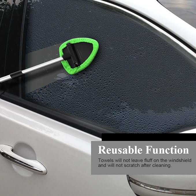 Windshield Cleaning Tool, Car Window Cleaner, Windshield Cleaner with 4 Washable Reusable Microfiber Pads and Extendable Handle, Auto Glass Wiper Cleaning Kit Universal for Car (Green)