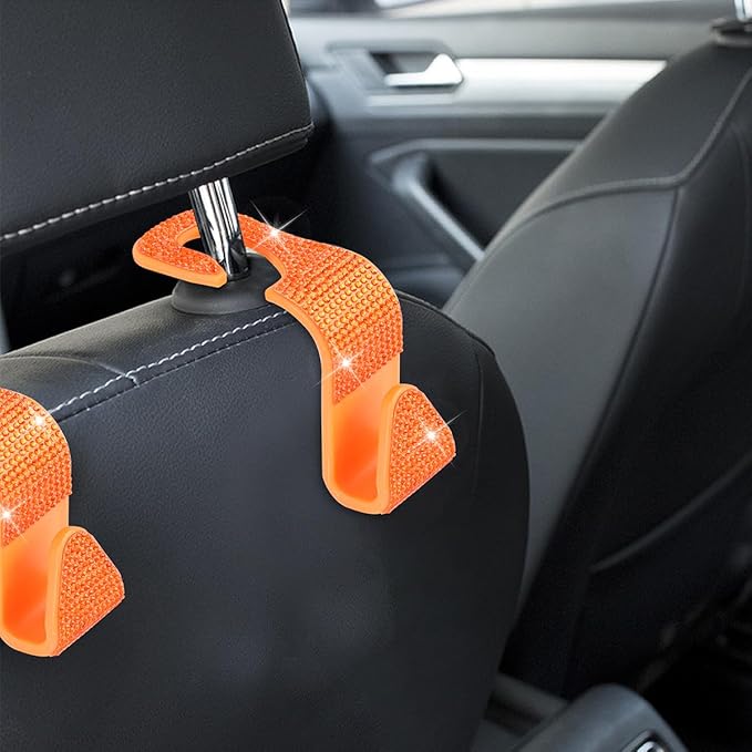 Zpana 4PCS Bling Car Seat Headrest Hooks, Vehicle Back Seat Purse Handbag Hanging Holder with Crystal Rhinestone, Diamond Storage Organizer Hook, Universal Automotive Accessories (Orange)