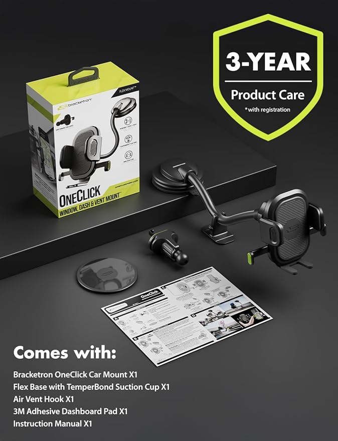 Bracketron OneClick Flexible Phone Holder for Car Dashboard,Windshield & Vent,3 in 1 Car Phone Holder with 7" Adjustable Gooseneck Arm,360 Rotation Car Phone Mount for All iPhone Android Smartphone.