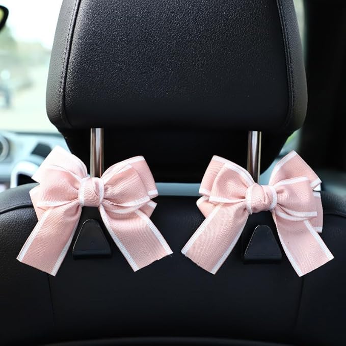 Car Headrest Hooks 2 Pack Seat Back Hanger for Bags and Groceries Heavy Duty Auto Organizer Easy Install Storage Hook for Purse Handbag Shopping Bags (Pink Bow)