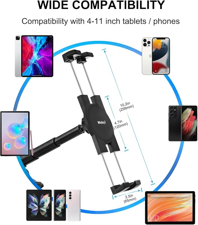woleyi Dashboard Car Tablet Mount, Telescopic Tube Suction Cup Car Tablet Holder, Compatible with iPad Pro/Air/Mini, Galaxy Tab/Z Fold, Fire HD, Surface, iPhone, More 4.7-11" Cell Phones and Tablets