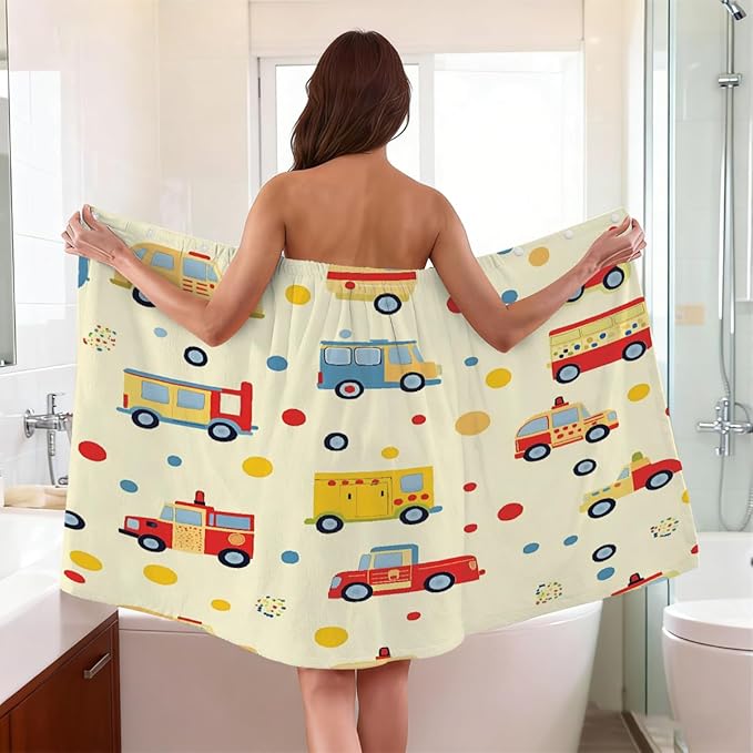 Women's Bath Wrap Colorful Cars Bus Polka Dot Absorbent Shower Spa Body Bath Robe Wraps Bathrobe Towel with Adjustable Closure