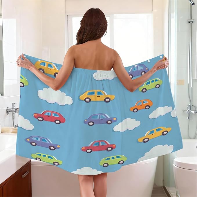 Women's Bath Wrap Cute Adorable Cars Absorbent Shower Spa Body Bath Robe Wraps Bathrobe Towel with Adjustable Closure