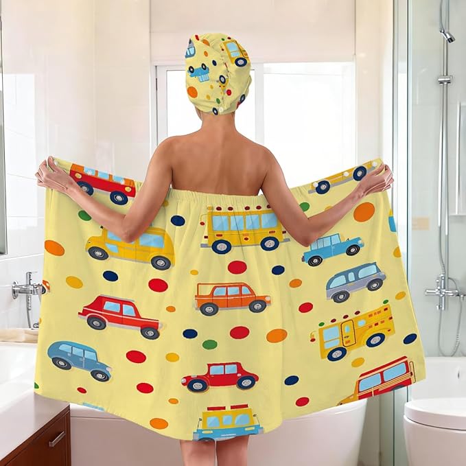 Women Bath Wrap Hair Towel Drying Cap Set Cartoon Cars Bus Pattern Soft Absorbent Bathrobe Shower Wraps with Adjustable Closure Spa Bath Robe